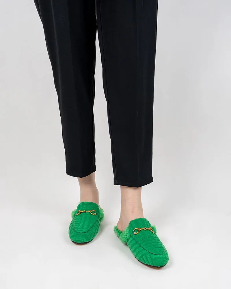 Classic Metal Buckle Green Lambswool Slip On Backless Mules