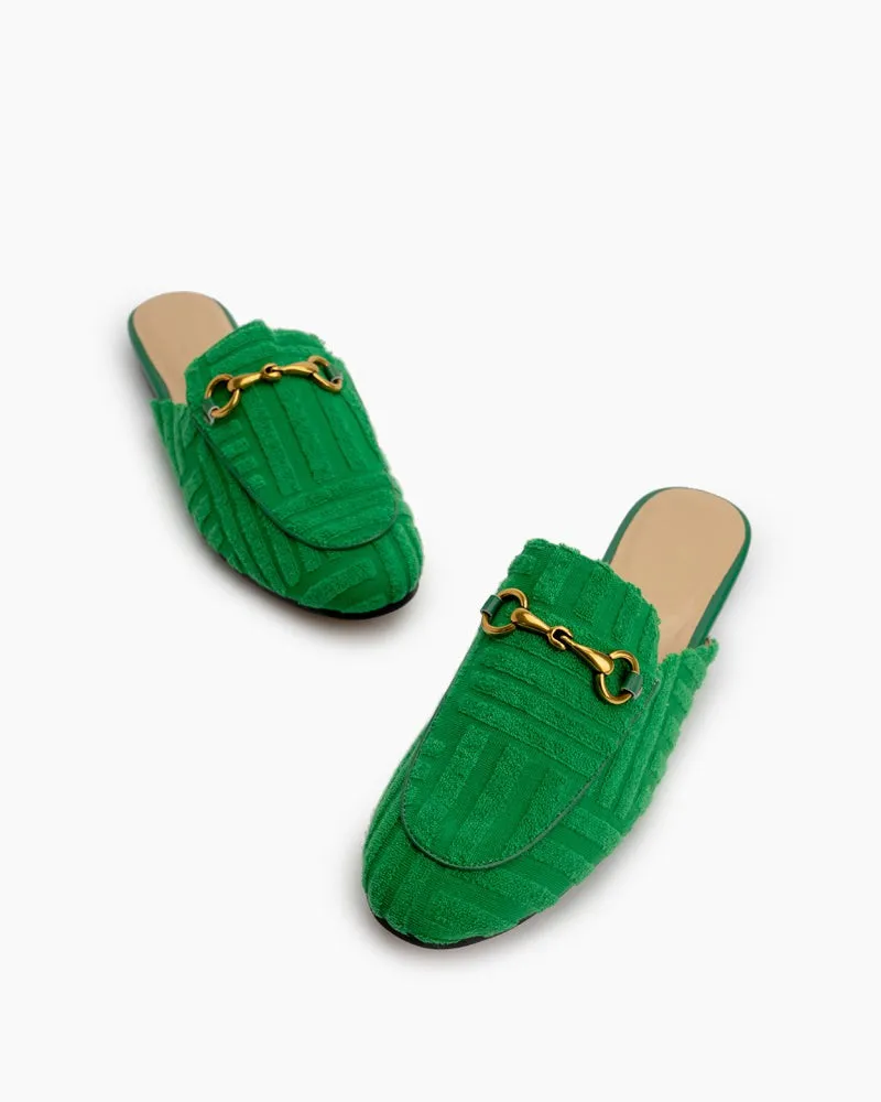Classic Metal Buckle Green Lambswool Slip On Backless Mules